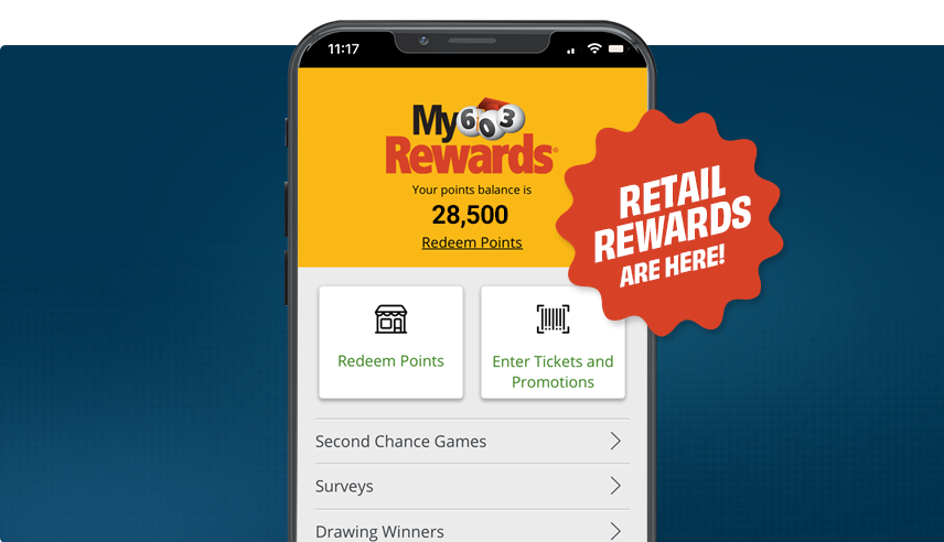 Illustration of a phone. Phone states that retail rewards are here in the New Hampshire Lottery mobile app.