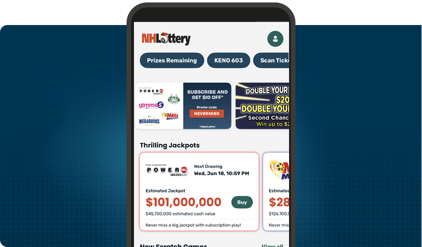 Illustration of a phone. Phone states that retail rewards are here in the New Hampshire Lottery mobile app.